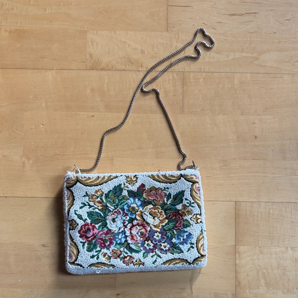 Vintage Tapestry Bag Purse with Faux Pearl Detailing